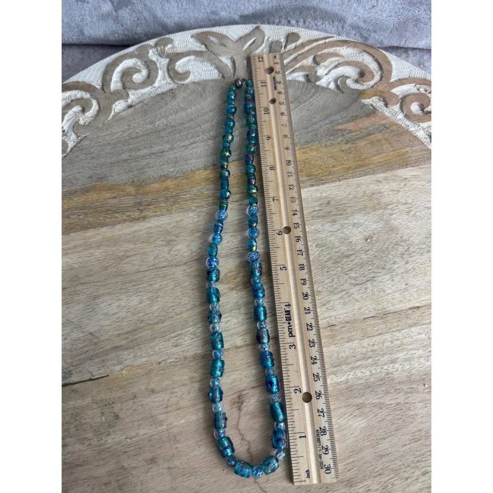 Handmade Lampwork Glass Bead‎ Necklace Teal Turquoise Gold Foil Floral 22 Inch